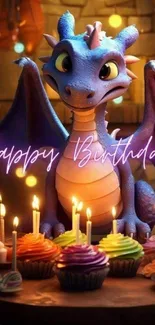 A playful dragon with cupcakes and candles in a festive birthday setting.