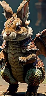 Whimsical dragon bunny with scales and wings in a mystical setting.