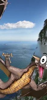 Whimsical dragon flying over ocean and cliffs.