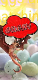 Playful dragon with comic text on colorful egg background.