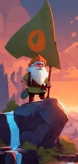 Fantasy dwarf with flag at sunset on rocky mountain.