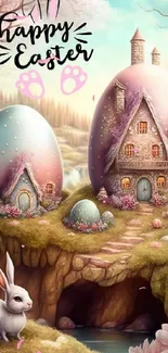 Whimsical Easter scene with egg cottages and a rabbit.