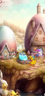 Whimsical Easter scene with cottages, eggs, ducks, and bunnies.