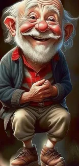 Whimsical elderly cartoon character with a big smile on mobile wallpaper.