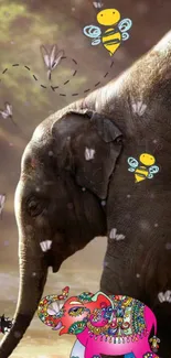 Whimsical elephant with bees and colorful patterns, artistic mobile wallpaper.