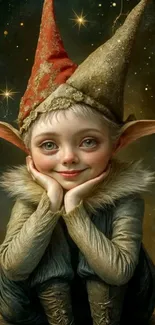 Whimsical elf character in starry background.