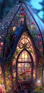 Whimsical enchanted house with glowing windows and vibrant floral decor in a fantasy setting.