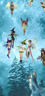 Whimsical fairies dance under a full moon, set against a mystical teal forest background.