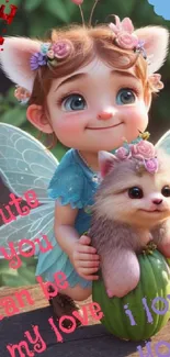 Adorable fairy child with fluffy friend in garden.