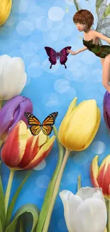 Whimsical fairy with tulips and butterflies in colorful scenery.