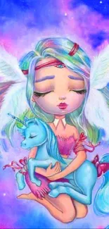 Whimsical fairy with unicorn in pastel colors.