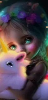 Colorful fairy hugging unicorn with glowing fairy lights.