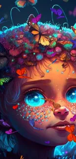 Whimsical fairy surrounded by colorful butterflies in vibrant fantasy art.