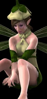 Whimsical fairy with green leaf outfit and wings.