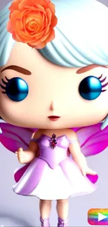 Whimsical fairy doll with pink wings and a vibrant flower.