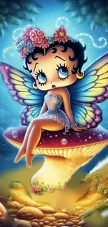 Fairy sitting on a mushroom in colorful fantasy art.