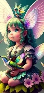 Whimsical fairy with butterfly wings and hummingbirds.