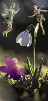 Fairies in vibrant nature setting with flower.