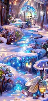 Whimsical enchanted forest with glowing paths and lanterns in a fairy tale setting.