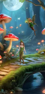 Fairy walking on a path among glowing mushrooms under a mystical moonlit sky.