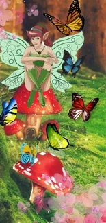 Whimsical fairy sitting on a mushroom in a green forest with colorful butterflies.