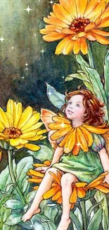 Vibrant artwork of a fairy in a garden with large orange blossoms.