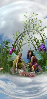 Whimsical fairy garden with vibrant plants in a magical bubble under a blue sky.