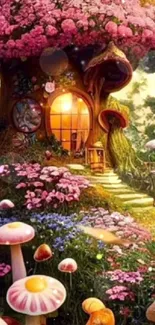 Fairy house wallpaper with pink mushrooms and flowers.