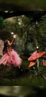 Fairy in pink dress casting magic in a forest.