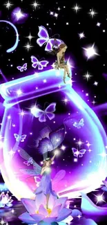 Whimsical fairy and butterflies surrounding glowing jar.