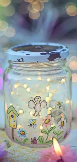 Decorative jar with fairy lights and floral designs for mobile wallpaper.