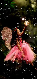 Whimsical fairy in pink dress with sparkling lights and wings.