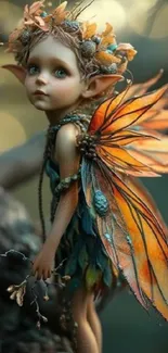 Whimsical fairy with vibrant orange wings on a magical mobile wallpaper.