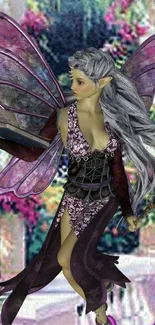 Fairy with silver hair reading, vibrant purple wings.