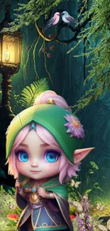 Cute elf in magical forest with birds and lantern.