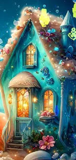 Whimsical fairy tale cottage with glowing lights and butterflies.