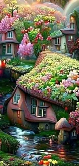 Whimsical village with vibrant flowers and cottages in a fairy tale setting.