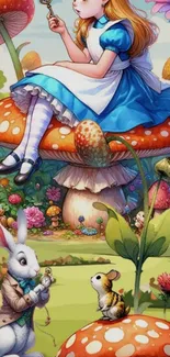 Alice sitting on a mushroom in a fantasy world with a rabbit and guinea pig.