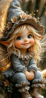 Whimsical fairy sitting in a magical forest.
