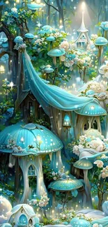 Whimsical fairy village with glowing lights and aqua blue dominant color.