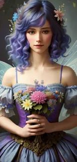 Whimsical fairy in a purple dress holding a floral bouquet.