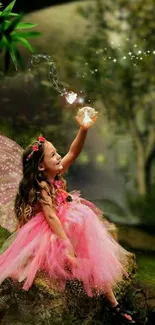 Fairy child in pink dress with sparkles in a magical forest.