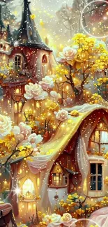 Whimsical fairytale cottage with glowing lights and flowers in a forest setting.