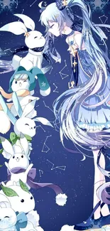 Whimsical anime wallpaper with magical creatures and starry night.