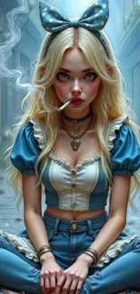 Fantasy art portrait of a character in blue with a smoking cigarette.