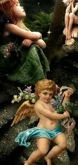 Whimsical wallpaper featuring cherubs and a fairy in a lush, enchanted forest.