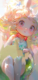 Whimsical fantasy art mobile wallpaper featuring a cute character with pastel hues.