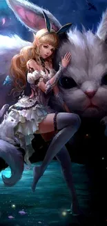 Fantasy character with whimsical cat on mobile wallpaper.