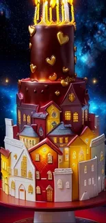 Whimsical cake against a starry backdrop with colorful houses and golden hearts.