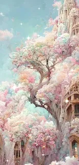 Whimsical fantasy castle with pastel clouds.